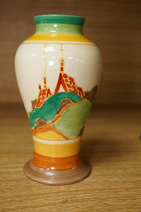 A Clarice Cliff Bizarre ‘Secrets’ pattern vase, circa mid-1930s, 16cm. Condition - restored chip to rim